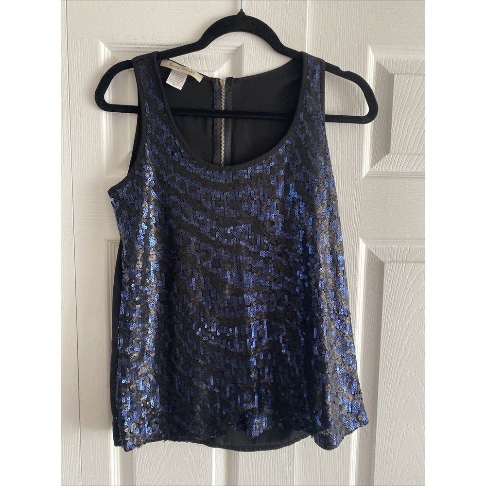 Sweetly Wonderful Sequin Animal Print Tank Womens Size M Black Blue Blouse